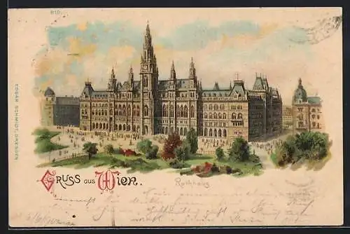 Lithographie Wien, Vorderansicht vom Rathaus