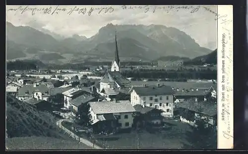 AK Kössen in Tirol, Ortsansicht mit dem zahmen Kaisergebirge