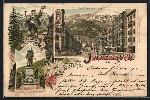 Lithographie Innsbruck, Maria-Theresienstrasse mit Andreas-Hofer-Monument