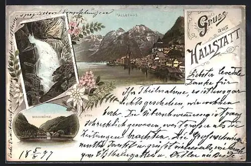 Lithographie Hallstatt, Waldbachstrub, Gosaumühle