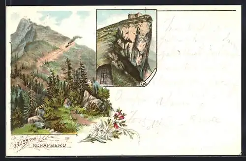 Lithographie Schafberg, Hotel und Bergbahn