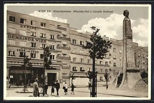 AK Wien, Gemeindehaus Winarskyhof und Winarskystrasse und Lassalle-Denkmal