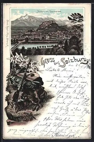 Lithographie Salzburg, Stadtansicht vom Kapuzinerberg, Jagdgewehr und Zither