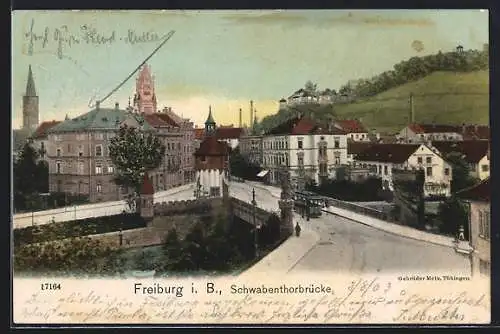 AK Freiburg i. B., Schwabenthorbrücke, Strassenbahn