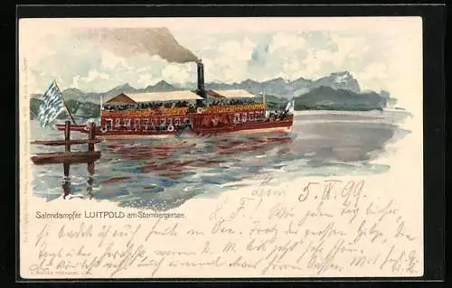 Lithographie Der Salondampfer Luitpold am Starnberger See