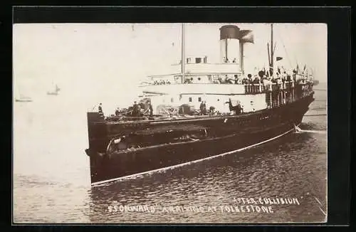 AK Passagierschiff SS Onward arriving at Folkestone after a collision