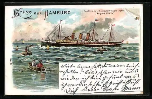 Lithographie Passagierschiff Schnelldampfer Auguste Victoria, Hamburg-Amerika Linie