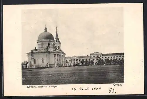 AK Omsk, Strassenpartie mit Kirche