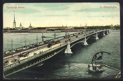 AK St. Petersburg, Blick auf die Troitzky-Brücke mit Strassenbahn