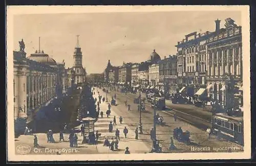 AK St. Petersburg, Blick auf den Newski-Prospekt mit Strassenbahn