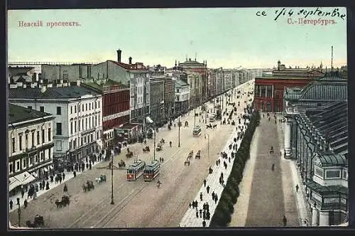 AK St. Petersburg, Blick auf den Newskij Prospekt mit Strassenbahnen