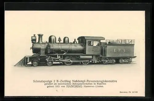 AK Schmalspurige 2 B-Zwilling Nassdampf-Personenzuglokomotive der brasilianischen E. F. A., gebaut von HANOMAG