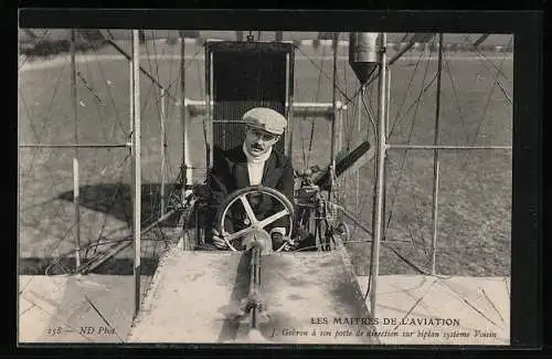 AK J. Gobron à son poste de direction sur biplan système Voisin, Le Maitres de l`Aviation, Doppeldeckerflugzeug