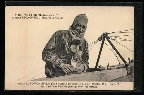 AK Meeting de Reims 1913, Aviateur Legagneux, Essai de la hauteur, Flugzeug, Reklame für Automobiline