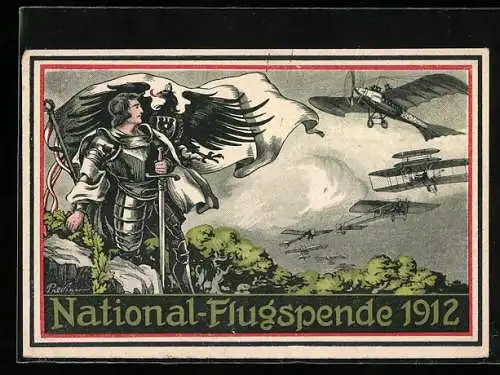 Künstler-AK National-Flugspende 1912, Ritter mit Fahne, Flugzeuge