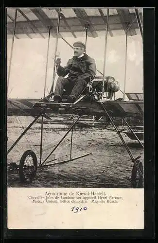 AK Aérodrome de Kiewit-Hasselt, Chevalier Jules de Laminne sur appareil Henri Farman, Doppeldecker-Flugzeug