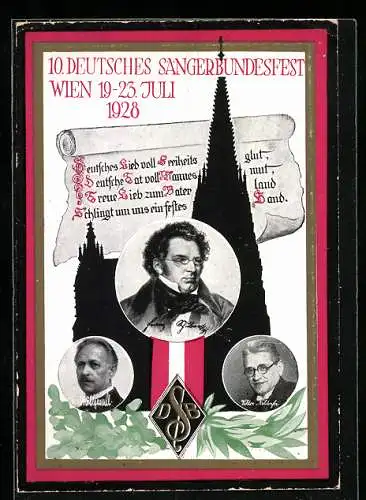 AK Wien, 10. Deutsches Sängerbundfest 1928, Porträt von Schubert & Wohlgemuth