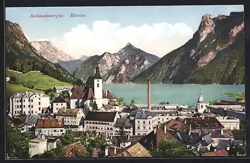 AK Ebensee /Salzkammergut, Ortsansicht mit Bergpanorama