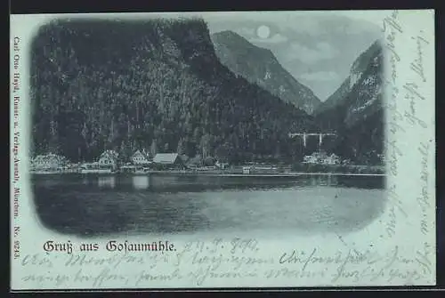 Mondschein-AK Hallstatt, Gosaumühle, Ortsansicht mit See und Bergpanorama