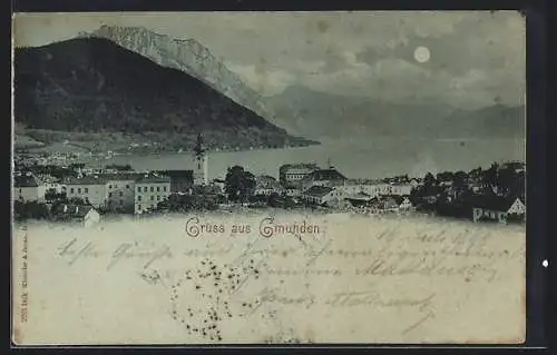 Mondschein-AK Gmunden, Stadtansicht mit Bergpanorama