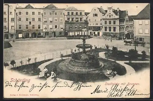 AK Schärding, Stadtplatz mit Brunnen