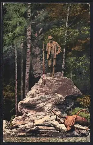 AK Bad Ischl, Kaiser Franz Josef Jagd-Denkmal am Waldrand