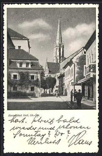 AK Bad Hall /Ob.-Öst., Strassenpartie mit Kirche