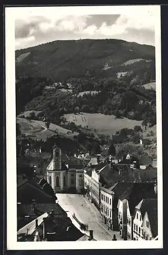 AK Weyer a. d. Enns, Strassenpartie mit Kirche aus der Vogelschau