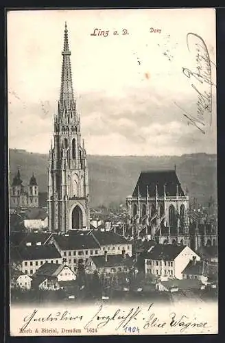 AK Linz, der Dom mit Umgebung