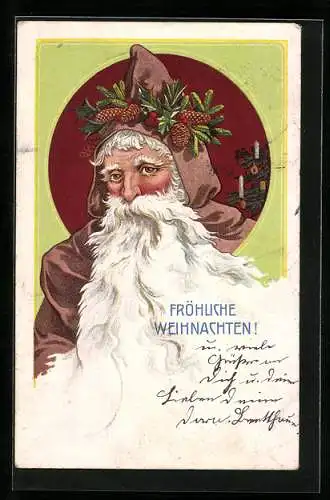 AK Weihnachtsmann mit geschmückter Kapuze