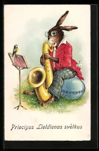 AK Osterhase spielt Saxophon begleitet von Singvogel