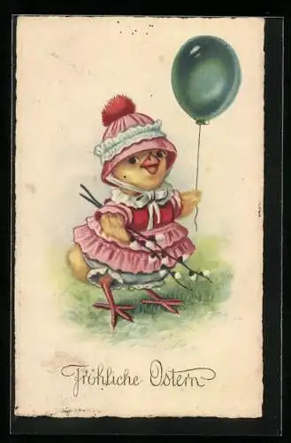 AK Osterküken mit einem Luftballon