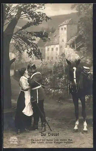 AK Kavallerist in Uniform mit Pickelhaube u. Pallasch küsst seine Geliebte, Pferd