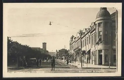 AK St. Zagora, Strassenpartie mit Kirche