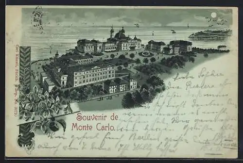 Mondschein-Lithographie Monte Carlo, Ortsansicht mit Blick aufs Meer