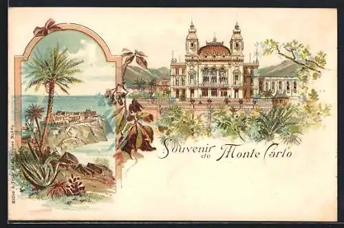 Lithographie Monte Carlo, Ansicht vom Casino, Panorama