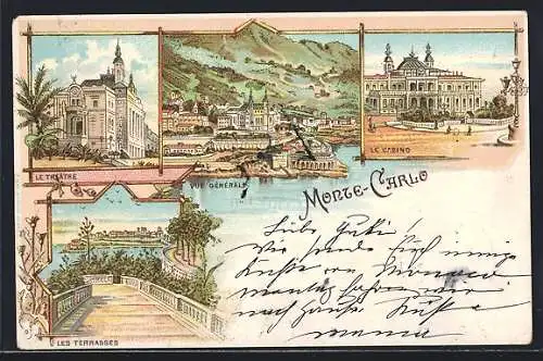 Lithographie Monte Carlo, Le Théatre, les Terrasses, le Casino, vue générale