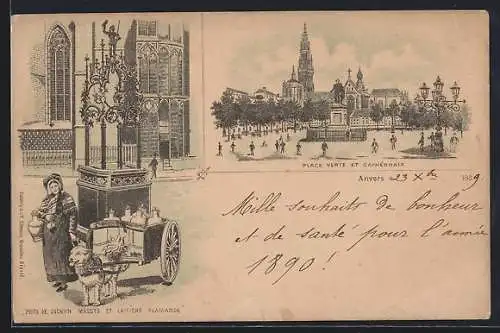 Lithographie Anvers, Place Verte et Cathedrale, Puits de Quentin Massys et Laitiere Flamande