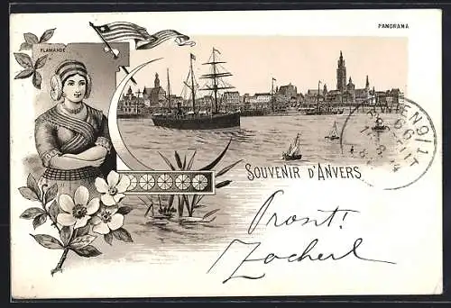 Vorläufer-Lithographie Anvers, 1894, Flamande, Panorama mit Segelschiff