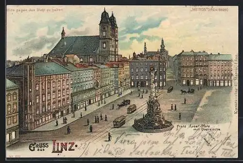 Lithographie Linz, Franz Josef-Platz mit Domkirche, Halt gegen das Licht: Vollmond