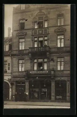 Foto-AK Karlsruhe, Dr. med. E. Blattner und Möbelmagazin