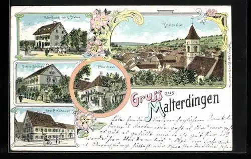 Lithographie Malterdingen, Handlung von A. Müller, Untere Schule, Haus Breithaupt, Pfarrhaus, Gesamtansicht