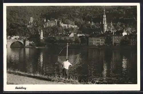 AK Heidelberg, Blick über den Neckar zum Schloss