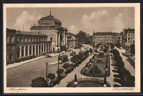 AK Mannheim, Strassenbahnen vorm Hauptbahnhof