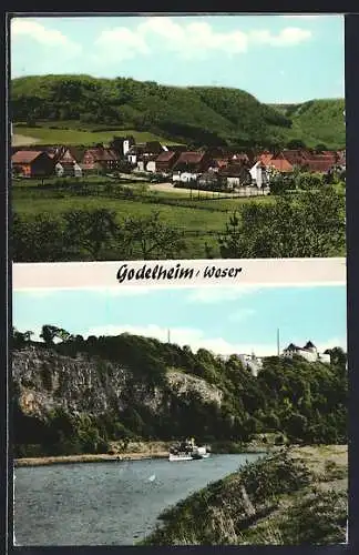 AK Godelheim /Weser, Ortsansicht mit Brunsberg, Blick zum Schloss Fürstenberg