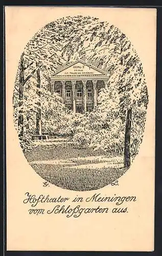 Künstler-AK Meiningen, Hoftheater vom Schlossgarten aus