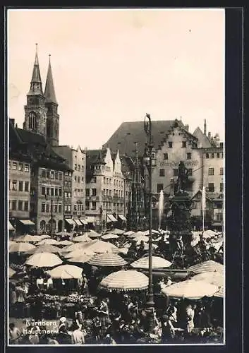 AK Nürnberg, Wochenmarkt auf dem Marktplatz mit Brunnen