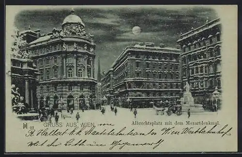 Mondschein-AK Wien, Albrechtsplatz mit dem Mozartdenkmal