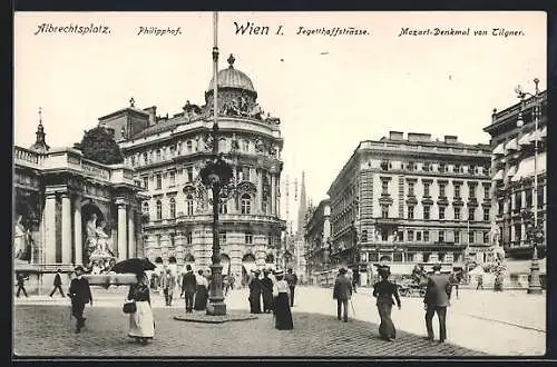 AK Wien, Albrechtsplatz, Blick auf Philippshof, Tegelthoffstrasse und Mozart-Denkmal von Tilgner