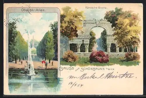 Lithographie Wien, Schönbrunn, Obelisk-Allee und Römische Grotte